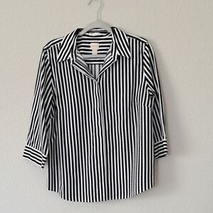 Chico's Black and White Striped Button Down Shirt No Iron Medium